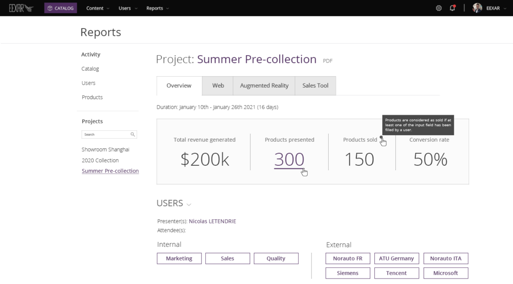EEXAR Order simulation report page showcasing latest project