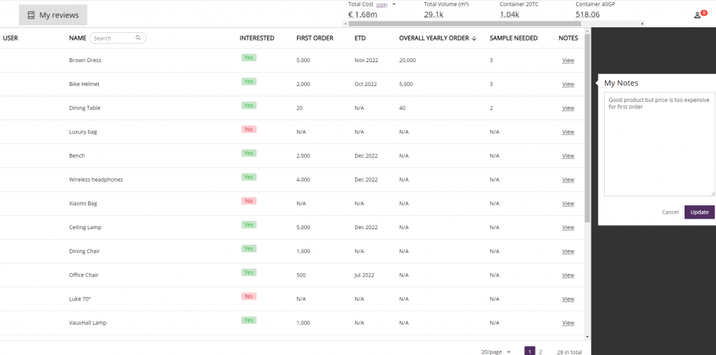 An order simulation review screenshot