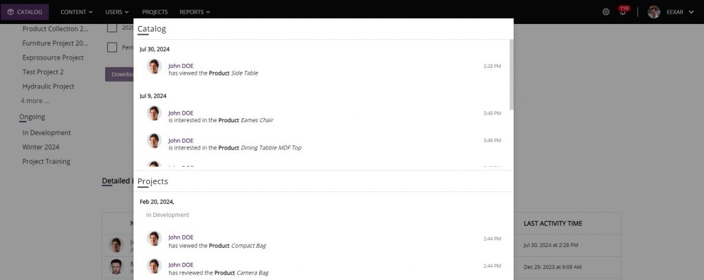 Capture d'écran du catalogue ne ligne d'EEXAR et sa fonction de gestion client